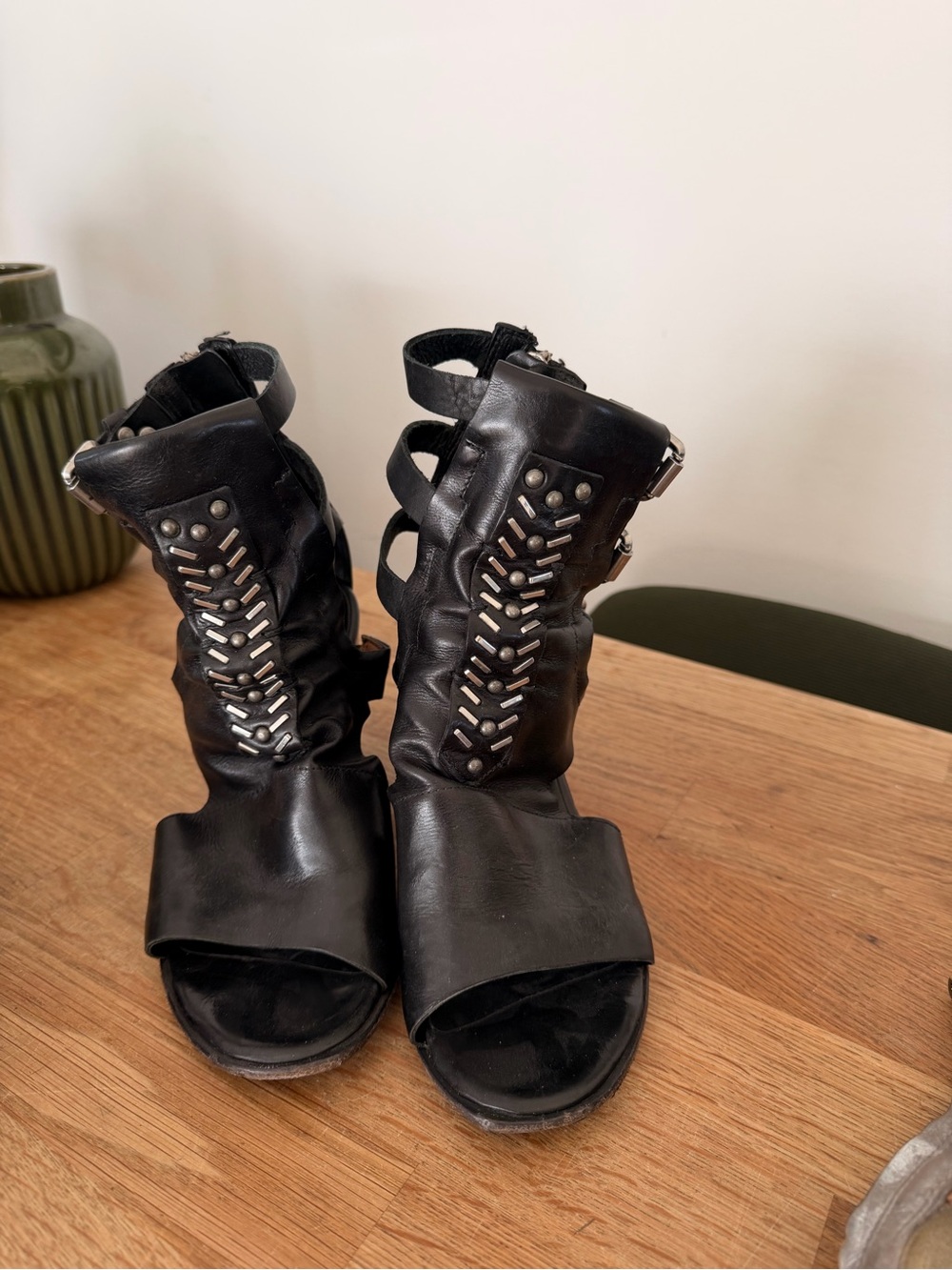 A.S.98 Black Studded Cutout Leather Sandals